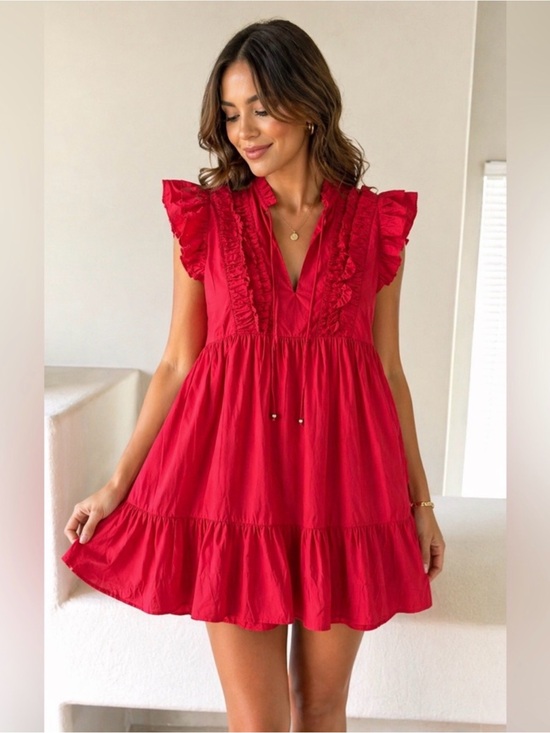 Caroline Constas Dresses & Skirts - Caroline Constas Red Ruffle Mini Dress XS 100% Cotton Boho Babydoll